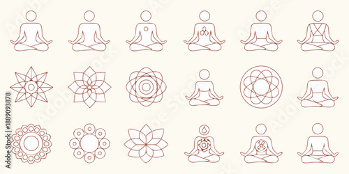 Meditating figures and floral mandalas in a simple hand drawn style illustration
