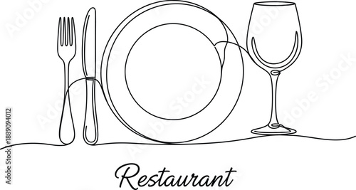 Restaurant table setting illustration with plate fork knife and wine glass for menu logo hospitality branding designs