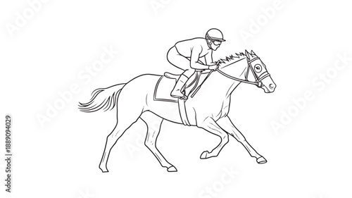 A detailed line drawing depicts a jockey riding a galloping horse showcasing dynamic movement and form