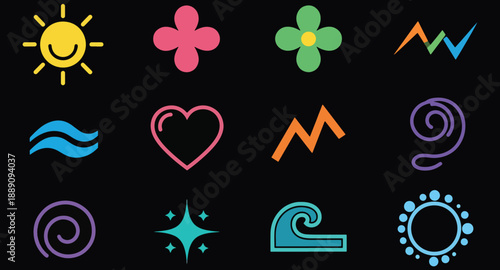 Colorful icons of sun flowers heart waves and abstract shapes on black background for design