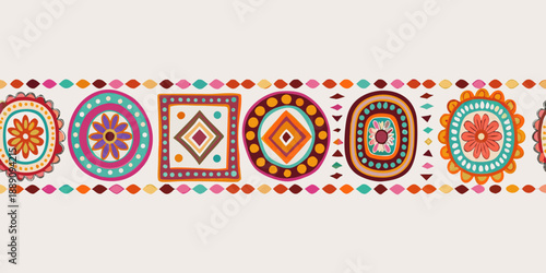 A colorful seamless pattern of stylized floral and geometric repeating designs