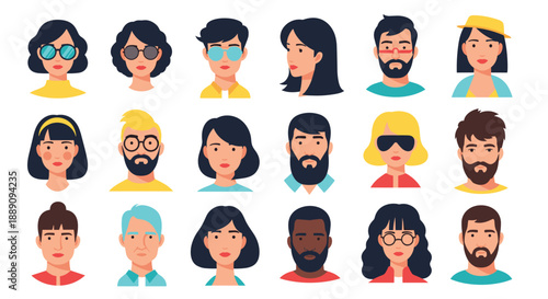Diverse grid of eighteen human faces as flat design avatars featuring people of different ages, genders, and ethnicities.