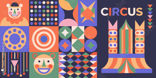 A vibrant geometric circus poster with playful shapes and a retro aesthetic