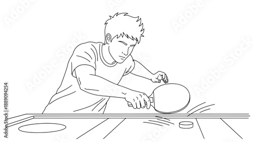 A detailed line drawing depicts a young man intensely focused while playing table tennis indoors high quality