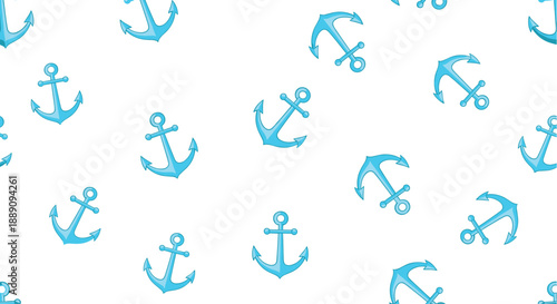 Seamless pattern of light blue nautical anchors in various sizes scattered across a clean and minimal white background.