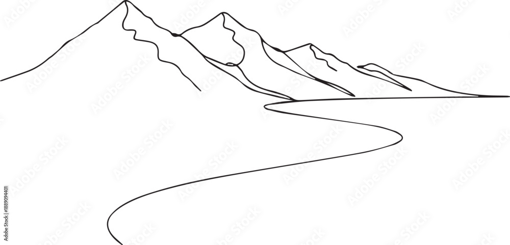Fototapeta premium Minimalist line drawing depicts a mountain range with a winding river