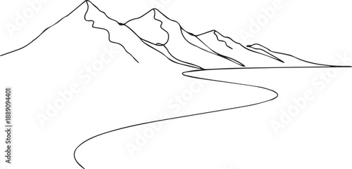 Minimalist line drawing depicts a mountain range with a winding river