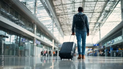 Traveler walking with a suitcase in an empty modern airport terminal