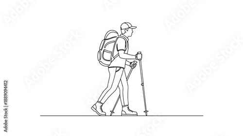 A minimalist line drawing depicts a hiker with a backpack and trekking poles in motion high quality