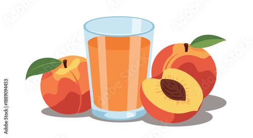 Clear glass of fresh peach juice accompanied by whole peaches and a sliced peach with a pit on a white background.