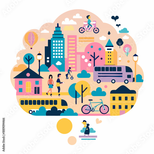 Colorful city illustration featuring buildings parks bicycles and people