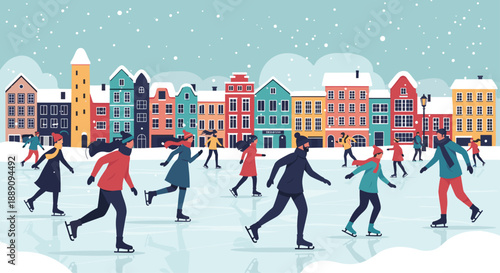 Joyful group of people ice skating on a frozen lake in front of a row of colorful European style houses in the winter.