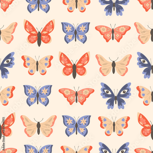 Cute pattern with butterflies. Seamless vector texture with cartoon beautiful insects on beige background. Template for wrapping paper or textile print