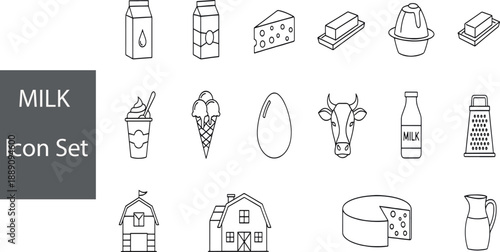 Print Minimalist Milk and Dairy Line Icon Set Featuring Farm Barns Cheese Wheels Butter and Ice Cream Illustrations
