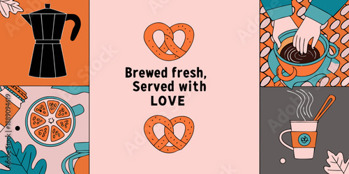 Coffee pretzels and citrus fruits in a colorful illustrative design