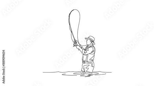 A minimalist line drawing depicts a fisherman casting a fly rod in a shallow body of water