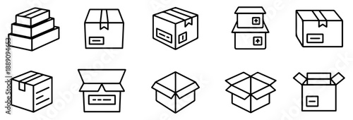 parcel carton box outline icon set
