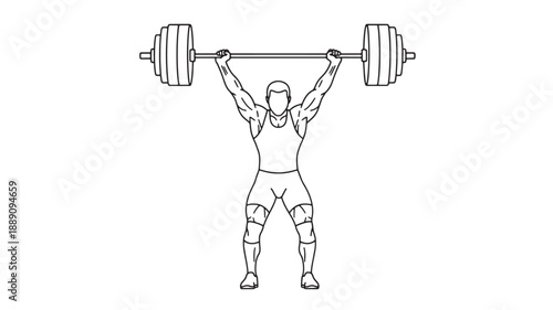 A simple line drawing depicts a muscular person performing an overhead press with a barbell high quality