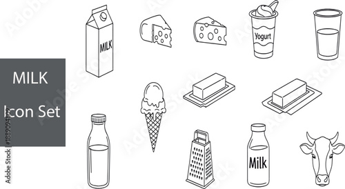 Print Perspective Milk and Dairy Line Icon Set Featuring Milk Cartons Cheese Wedges Butter Sticks and Cow Head Illustration