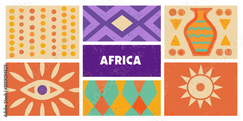 Colorful african inspired patterns and symbols arranged in a grid layout