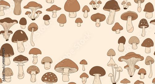 Seamless repeating pattern of various edible brown mushroom species illustrated on a neutral light background.