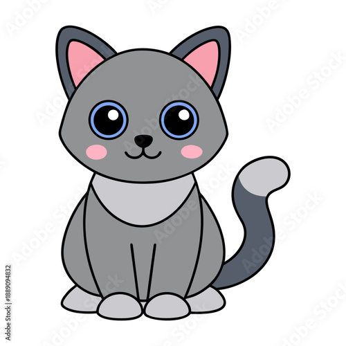 A cute cartoon kitten character and a funny white dog are sitting together in this isolated vector illustration of domestic pet animals