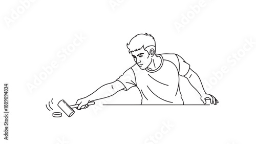 A black and white line drawing depicts a young man playing disc golf with a frisbee