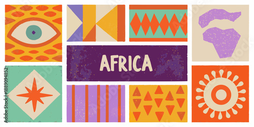 Vibrant african patterns and shapes with eye catching designs and africa text