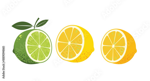 Illustration showing a whole green lime and several yellow lemon halves with visible juice segments and pulp.
