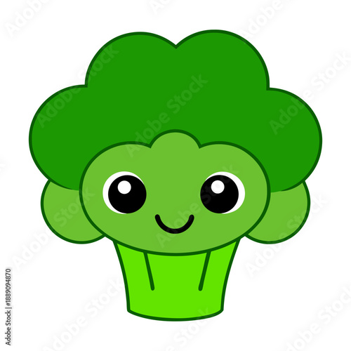 Cute cartoon illustration of a happy green Kawaii broccoli with smile character art drawing of a smiling amphibian in nature