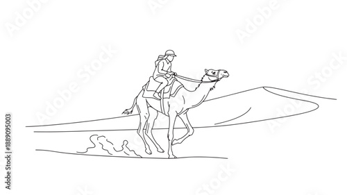 A simple line drawing depicts a person riding a camel across a desert landscape with dunes