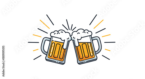 Celebration illustration with two beer mugs clinking together in a toast with bright yellow starburst lines.