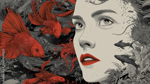 Woman's face surrounded by red koi fish in an underwater scene