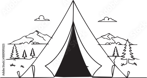 Simple black and white illustration of a tent with mountains and clouds