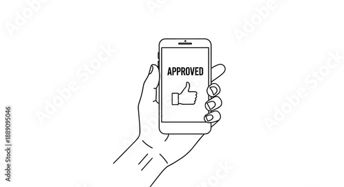 Minimalist line drawing of a hand holding a mobile phone with an approved status message and thumbs up icon.