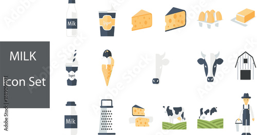 Print Flat Color Dairy Farm Icon Set Featuring Milk Bottles Cheese Wedges Barn Cows and a Dairy Farmer Illustration