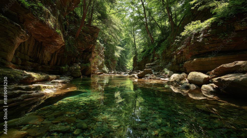Fototapeta premium Serene Forest Stream in a Rocky Canyon