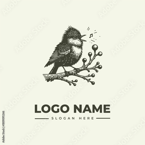 A vintage woodcut illustration of a bird perched on a branch with music notes, accompanied by a logo and slogan placeholder in a classic engraving style.