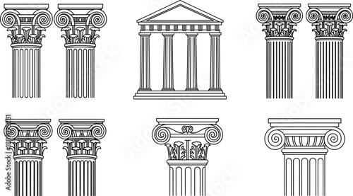 Classical Greek Roman column capital and temple icon set for ancient architecture heritage and construction designs