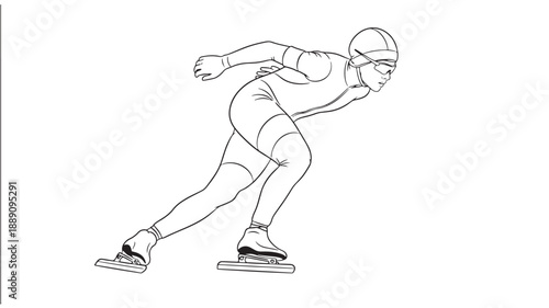 A minimalist line drawing depicts a speed skater in motion showcasing athletic form and dynamic energy