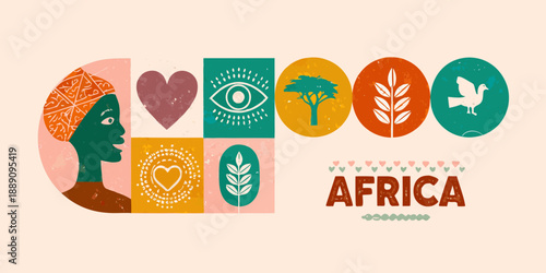 Illustrative depiction of african culture with symbolic elements and the word africa