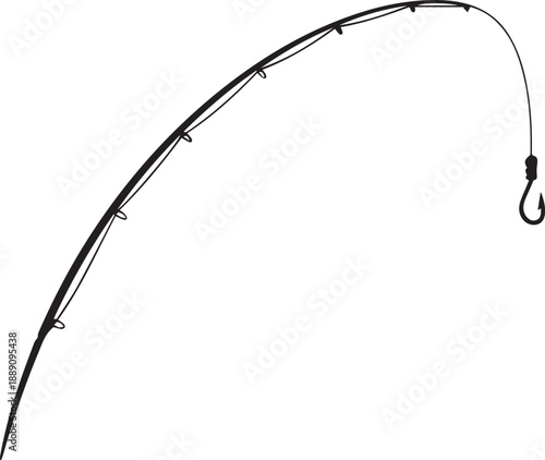 A simple black and white illustration of a curved fishing rod with a hook