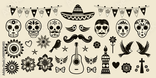 Dia de los muertos decorations skulls flowers guitars and festive elements