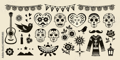 Dia de los muertos decorative elements skulls hearts guitars and floral designs