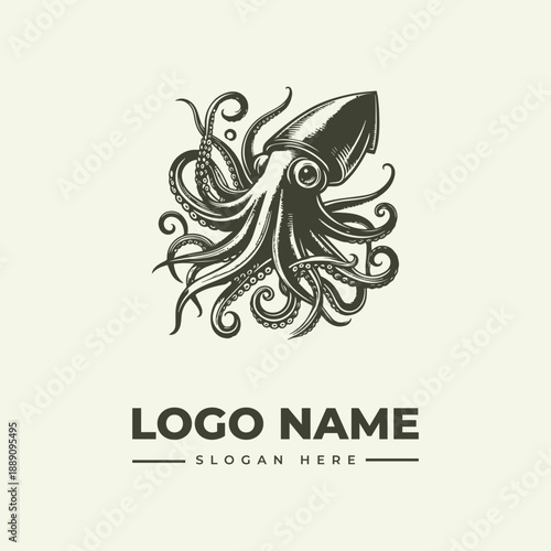 A dark green vintage engraving of a squid logo with tentacles and a placeholder text 'LOGO NAME' and 'SLOGAN HERE' on a cream background.