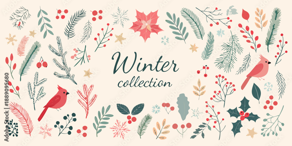 Fototapeta premium Festive winter botanical illustrations with floral elements and charming cardinal birds