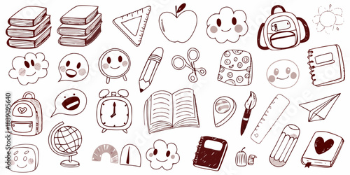A collection of hand drawn school supplies and cheerful doodles in sepia tones