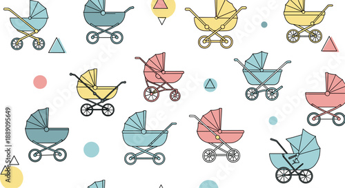 Charming seamless pattern of colorful baby strollers and simple geometric shapes on a plain white background.