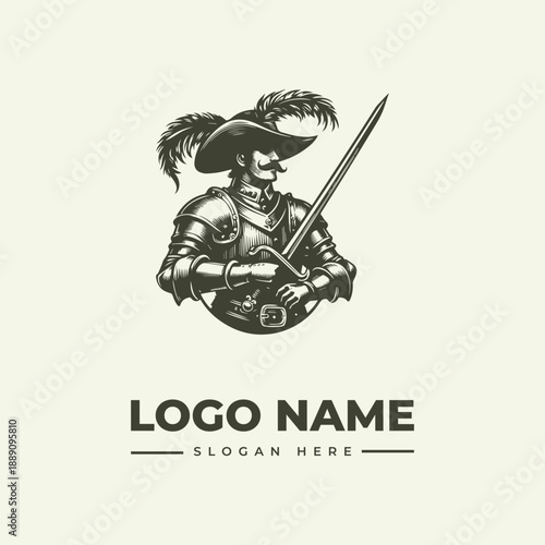 A vintage-style woodcut illustration of a knight in armor holding a sword, adorned with a feathered hat and a logo name placeholder, set against a clean white background with a bold graphic