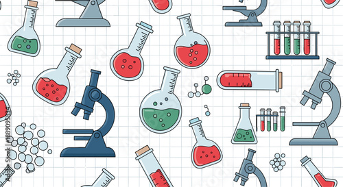 Vibrant seamless pattern featuring various laboratory instruments including microscopes, beakers, and test tubes for scientific and medical research.